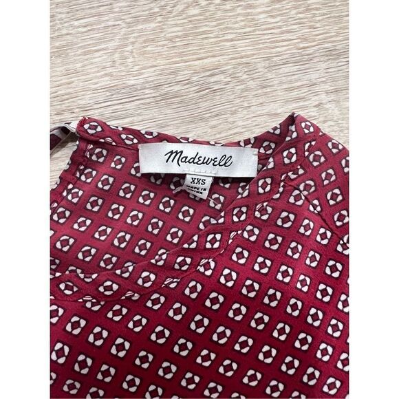 Madewell Silk Blouse Top Womens 2XS Red Geometric Short Sleeve Tie Bow Back Casu - Picture 5 of 10